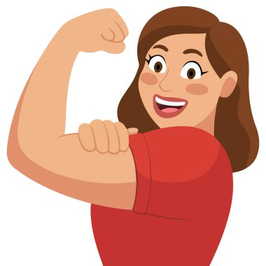 Göz kırpan güçlü genç bir kadın ve beyaz arka planda izole edilmiş kaslarını gösteriyor.