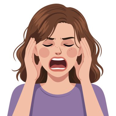 Umutsuz, vahşi saçlı esmer kadın elleri ve ağızları açık çığlıklar atıyor.