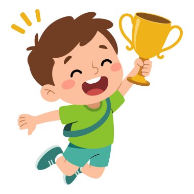 Mutlu şirin çocuk oyunu kazandı. Beyaz üzerinde izole edilmiş vektör illüstrasyonuyla.