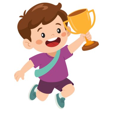 Beyaz üzerinde izole edilmiş vektör illüstrasyonuyla altın kupa kazanan sevimli çocuk.