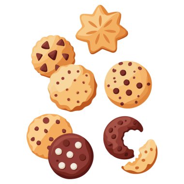 Çizgi film biçimi vektör simgelerinde farklı çerezler beyaz arkaplanda izole edildi