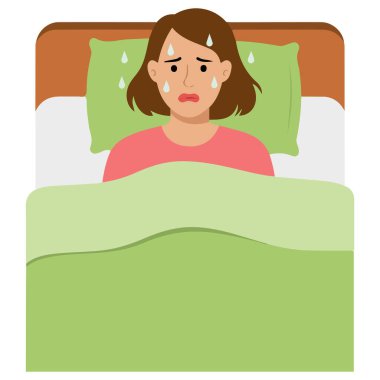 Uyku sırasında gece terlemesi menopoz hastalığı belirtileri düz bir vektör.