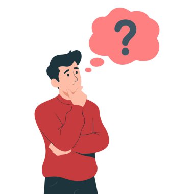 Düz vektör illüstrasyoncusu düşünceli bir şekilde izole edilmiş soru üzerine düşünüyor.