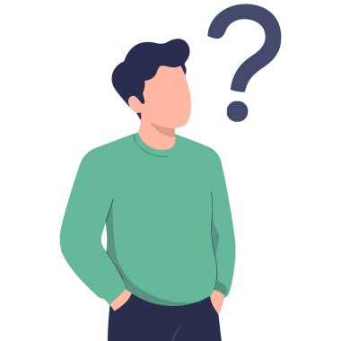 Düz vektör illüstrasyoncusu düşünceli bir poz vererek izole edilmiş bir soru üzerine düşünüyor.