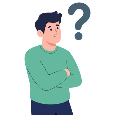 Düz vektör illüstrasyoncusu, derin derin oturup, izole edilmiş soru üzerine düşünüyor.