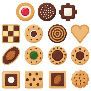 Beyaz arkaplan vektöründe izole edilmiş çeşitli çerez türlerinin resimlemesini ayarla