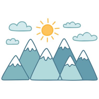 Pastel düz stil dağ çizimi kar örtüleri güneş bulutları açık hava maceraları