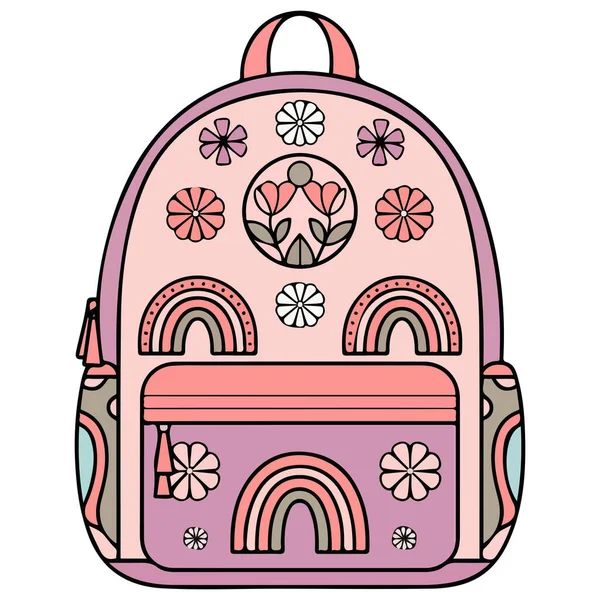 Eski moda sırt çantası hippi stili beyaz arka planda izole edilmiş vektör çizimi