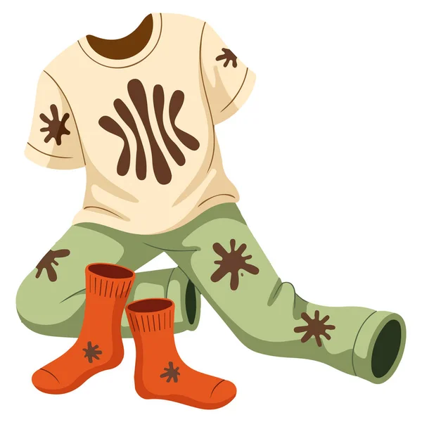 Kirli çamaşırlar çamur lekeleri elbiseler havlular beyaz arka planda izole edilmiş vektör çizimleri.