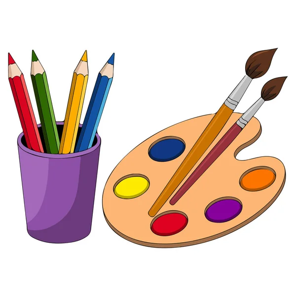 Kalem kutusu boya fırçası paleti ile okul ekipmanı beyaz arka planda izole edilmiş vektör illüstrasyonu