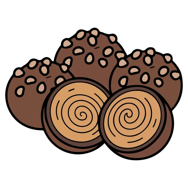 Beyaz arka planda fındık kırıntıları vektör illüstrasyonlu çikolata tatlılar