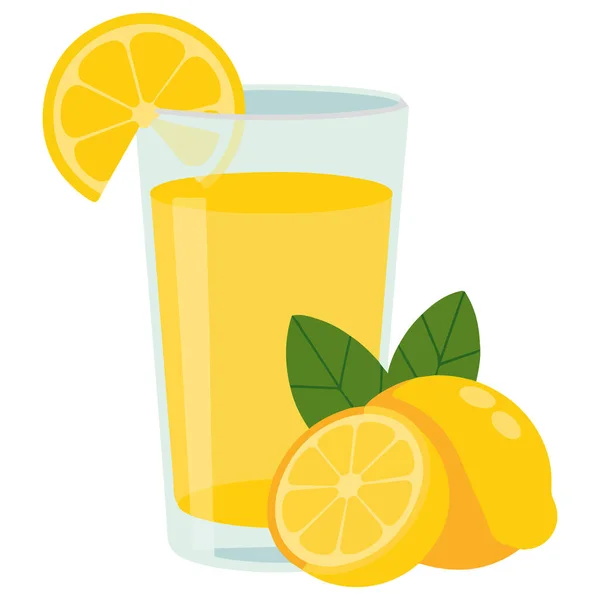 Yanında limon dilimi olan bir bardak limon suyu beyaz üzerine izole edilmiş vektör çizimi.