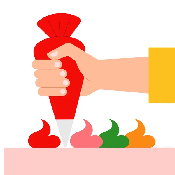 Pasta süslemesi, pasta poşeti ve krema, el yapımı çizgi film düz çizim vektörü.