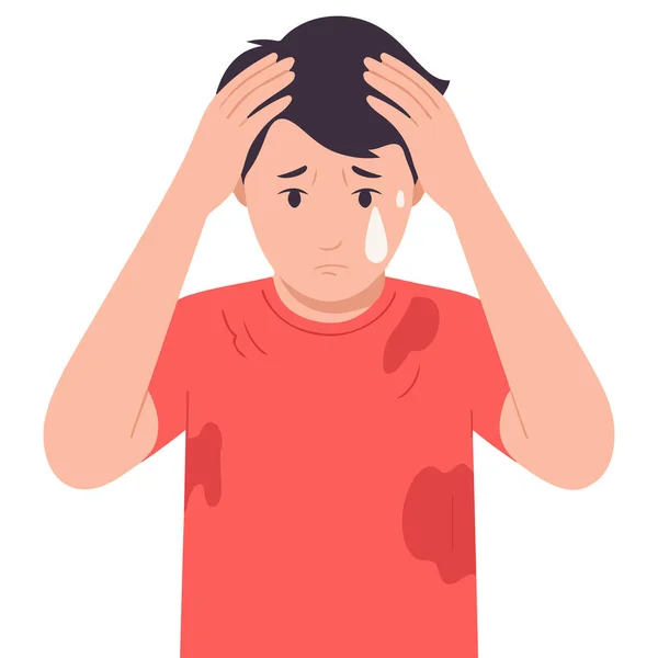 Man wiping sweat with napkin guy sweating boy with sweaty clothes vector