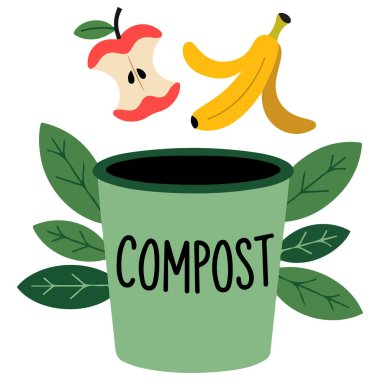 Yiyecek artıklarıyla gübreleme kutusu atık sıfır atık kavramı parlak vektör illüstrasyonu