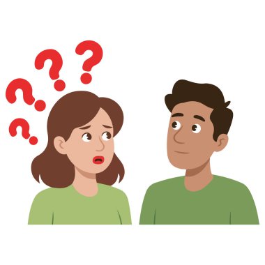 Genç, sorunlu bir çift, kafası karışık bir erkek soru işareti vektörü düşünüyor.
