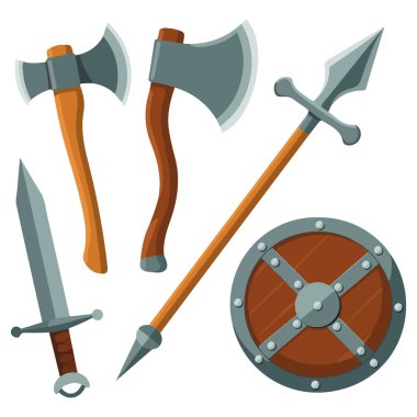 Renkli ahşap desenli orta çağ soğuk silah koleksiyonu kalkanlı hançer kılıcı.