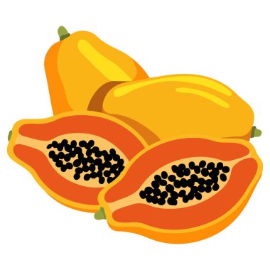 Karikatür kartı papaya meyve yaprağı egzotik meyve kesiti izole edilmiş beyaz arkaplan