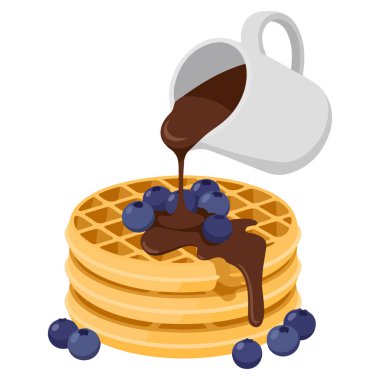 Dondurma yaban mersini ve çikolata şurubu resimli Belçika waffleları yığını