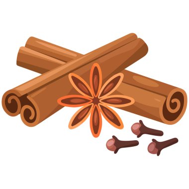 Tarçın çubukları ve yıldız anason baharat elementleri beyaz üzerine vektör illüstrasyonu