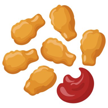 Bir ketçap sosu kabını çevreleyen tavuk külçeleri beyaz arkaplanda izole edilmiş vektör çizimi üst görünüm