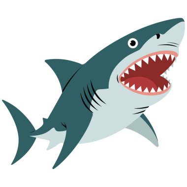 Büyük şirin köpekbalığı karakteri, beyaz arkaplanda izole edilmiş vektör çizimi var.