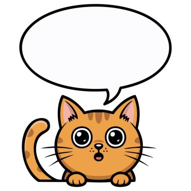 Beyaz zemin üzerinde izole vektör illüstrasyonlu diyalog balonu ile komik kedi görünümlü