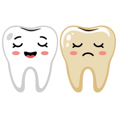 Happy white tooth and sad yellow tooth cartoon characters isolated vector illustration on white background