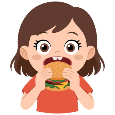 Büyük hamburgerin keyfini çıkaran heyecanlı kadın beyaz arka planda izole edilmiş vektör çizimi