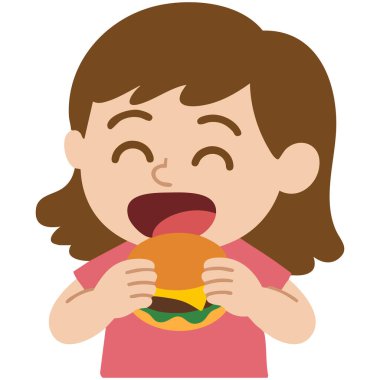 Ağzı açık hamburger yiyen mutlu genç kız beyaz arka planda izole edilmiş vektör çizimi