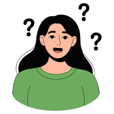 Kafası karışmış genç kız, beyaz arka planda izole edilmiş soru işareti ile düşünüyor.