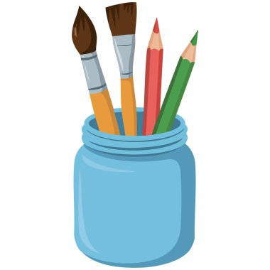 Sanat projesi için resim fırçaları içeren kavanoz beyaz arkaplan üzerindeki izole vektör çizimi