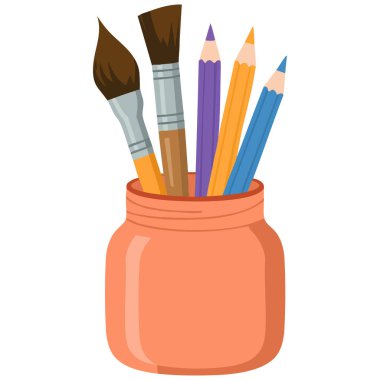 Beyaz arkaplan üzerine izole edilmiş vektör çizimi için sanat fırçaları içeren bir kap