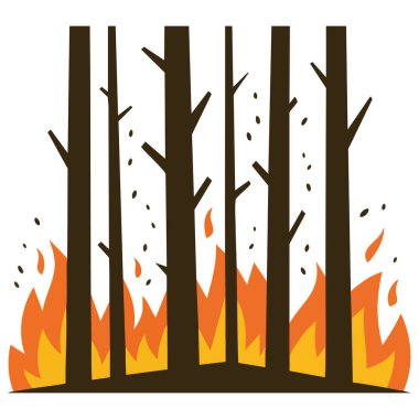 Vahşi ateş felaketi ağaçları yakıyor doğal felaket beyaz arka planda izole edilmiş vektör çizimi