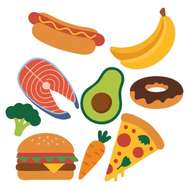 Sağlıklı ve fast food afişi kavramı beyaz arkaplanda izole edilmiş vektör çizimi