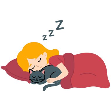 Kedili uyuyan kız tatlı rüyalar beyaz arka planda izole edilmiş vektör çizimi