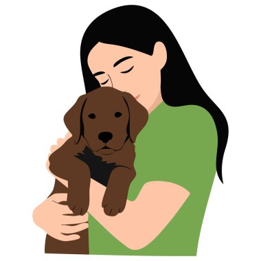 Gülümseyen kız Labrador 'a sarılıyor. Beyaz arka planda izole edilmiş vektör çizimi.