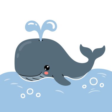 Beyaz arka planda izole edilmiş su çeşmeli sevimli komik balina.