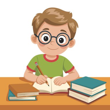 Gözlüklü inek çocuk, beyaz arka planda izole edilmiş vektör çizimi yapıyor.