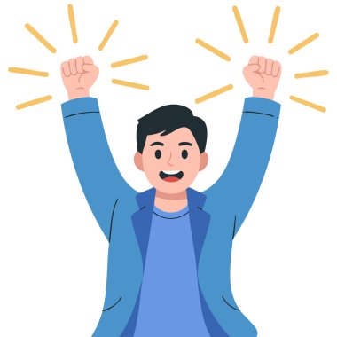 Genç adamın zaferi, beyaz arka planda izole edilmiş vektör çizimine heyecan veriyor.