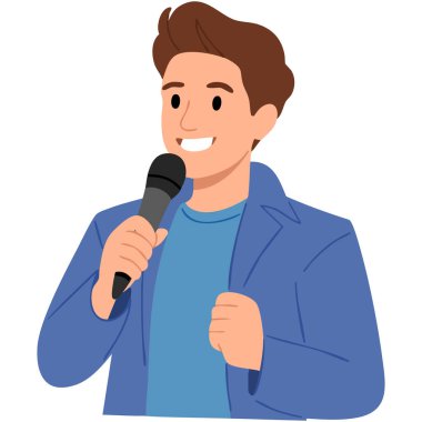 Mikrofon ortamına sahip bir muhabir beyaz arkaplanda vektör çizimini izole etti