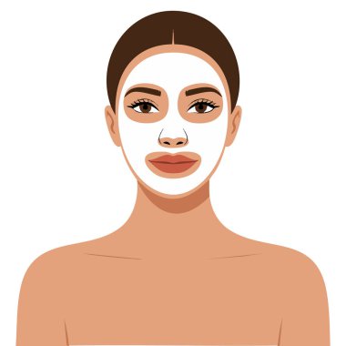 Kozmetik maskeli koyu tenli kadın beyaz arka planda izole edilmiş vektör çizimi