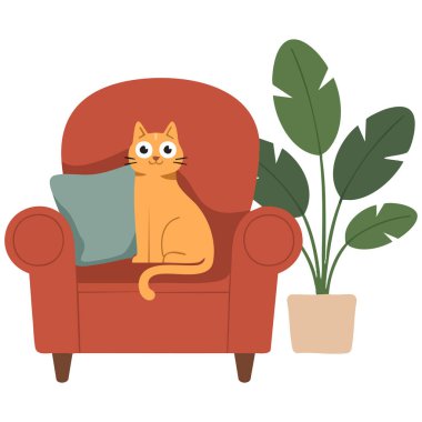 Koltukta oturan sevimli siyah kedi beyaz arka planda izole edilmiş vektör çizimi