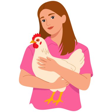 Beyaz arka planda izole edilmiş bir şekilde gülümseyen bir tavuk tutan genç kız.