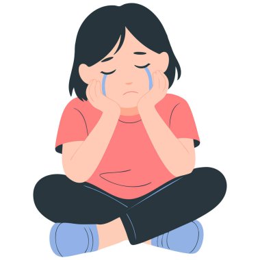  Üzgün küçük kız gözyaşı döküyor. Düz vektör çizimi izole.