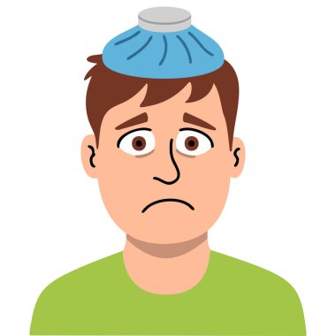  Yüksek ateşi olan hasta bir adam termometre ve buz kullanıyor.