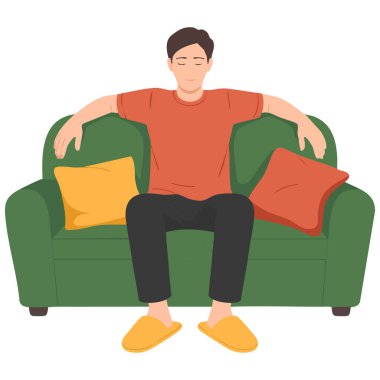  Kanepede oturan yorgun adam yorgun ve bitkin hissediyor.