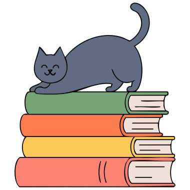  Eğitim konsepti için kitap yığınının üzerinde oturan sevimli kedi.