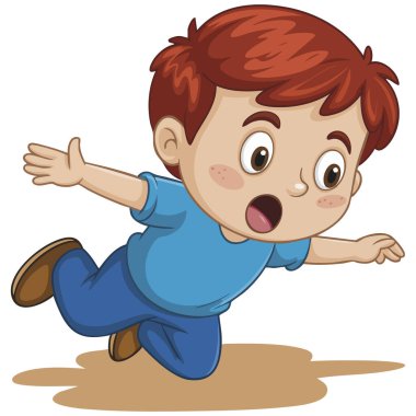  Çizgi filmci çocuk sendeliyor ve beceriksizce yere düşüyor.