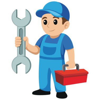  Büyük İngiliz anahtarı ve alet çantası olan siyah bir tamirci.